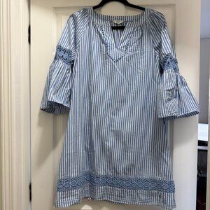Blue & White Striped Bell Sleeve Dress with Lace Trim Size M